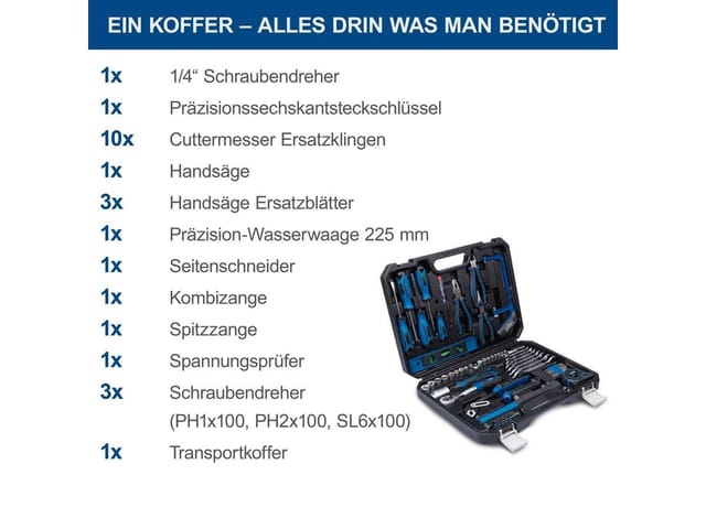 Scheppach Werkzeugset WZK120, (Set, 97-tlg., Werkzeuge mit gummiertem Griff), im stabilem Kunststoffkoffer