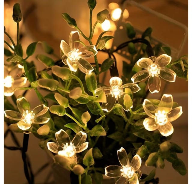 Montegoni LED-Streifen 5m 20 LED Solar Lichterkette Kirschblüten Beleuchtung LED 8 Modi, Warmes, gelbes Licht, Dimmbar, Solarbetrieben, Energiesparend