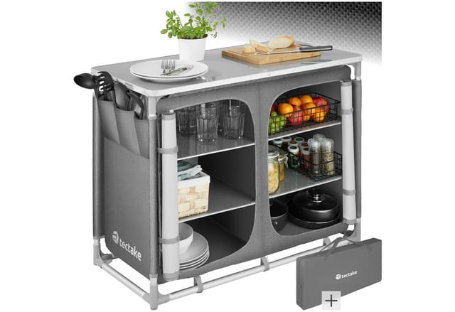 tectake Campingtisch Campingschrank Deluxe mit Aluminiumgestell und 6 Fächern (1-St., 1 tlg), Sehr kompakt zerlegbarer Campingschrank mit Aluminiumgestell