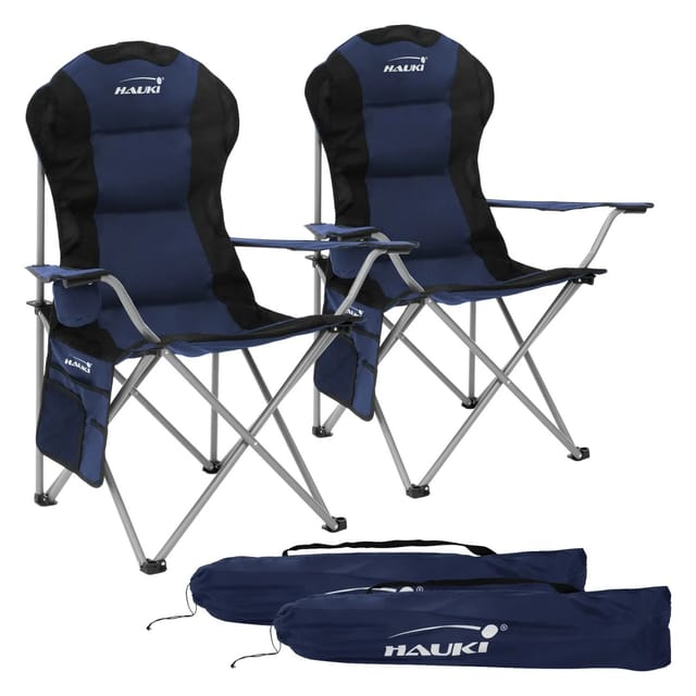 Hauki Campingstuhl Faltstühl faltbar mit Getränkehalter & Tragetasche bis 150kg (2 St), 2x Klappstuhl 56x95x110cm Blau Angelstuhl mit Hochlehner Gepolster