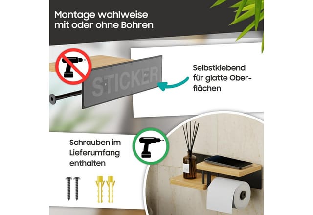 SURFOU Toilettenpapierhalter toilettenpapier aufbewahrung aus Bambus & Eisen - 2-in-1-Montage, Für Smartphone, Kosmetik & Toilettenpapier. Für Bad & WC.
