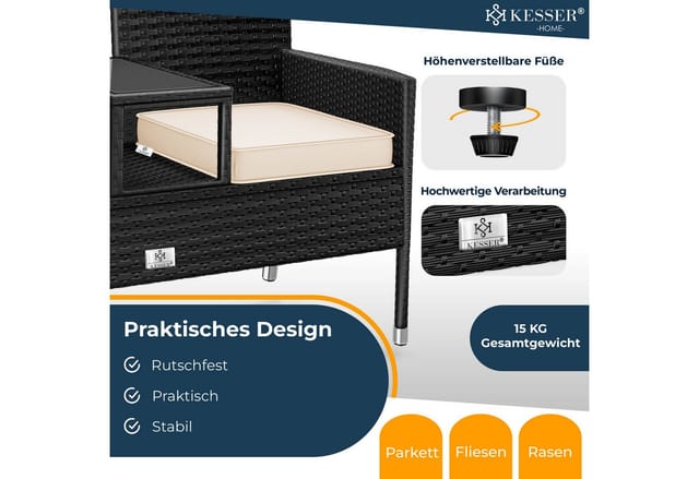 KESSER Gartenbank, Polyrattan Gartenbank 2-Sitzer Bank mit integriertem Tisch