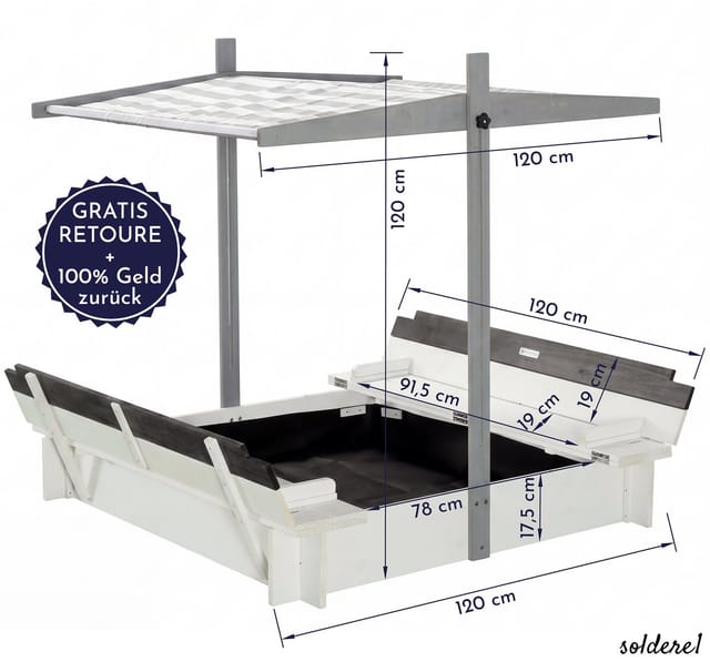 WONDERMAKE Sandkasten mit Abdeckung Dach Deckel Sitzbank Boden Bank, Sandkiste Holz Kinder, quadratisch verschließbar Outdoor Garten, 120x120 cm UV, grau schwarz