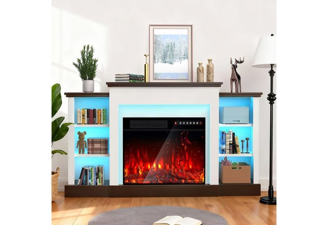 oyajia Elektrokamin Elektrischer Standkamin mit Ablagefach, 3D-Flammeneffekt, LED-Ambientebeleuchtung, Heizung 2000W,Timer, Thermostat,Fernbedienung