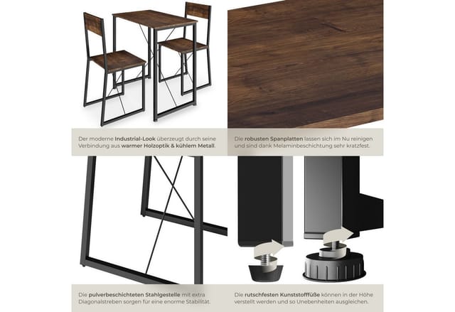 tectake Sitzgruppe Essgruppe 3-teilig, mit höhenverstellbaren Kunststofffüßen, (Loungeset Margate, 3-tlg., in Industrial Holz dunkel, rustikal), Esstisch mit 2 Stühlen, Industrial Style, Holz und Stahl