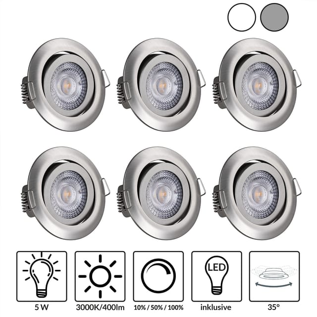monzana Einbauleuchte, Silber, 6er Set LED Flach Dimmbar 68mm Schwenkbar Warmweiß 3000K Silber Rund