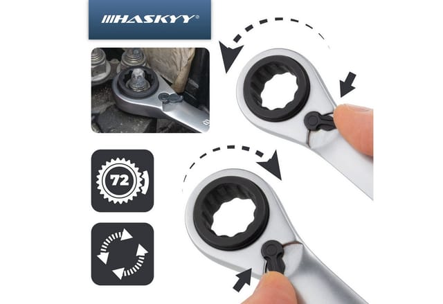 HASKYY Ratschenringschlüssel Doppel-Ratschenringschlüssel Set umschaltbar 4 in 1 SW 8-19 mm