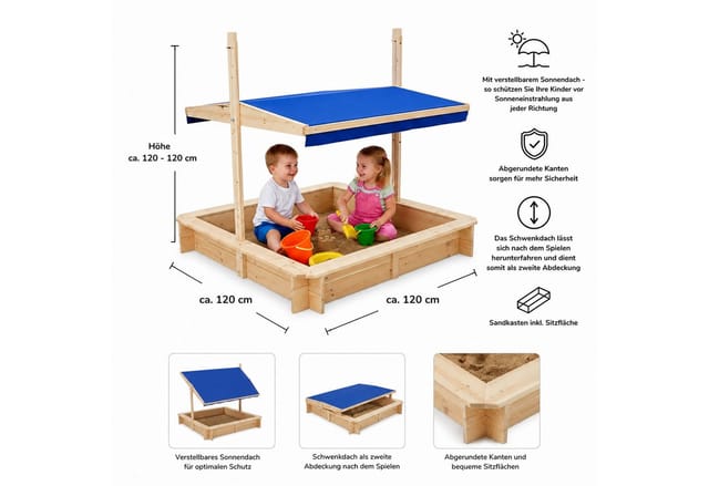 Mucola Sandkasten Sandkiste 120x120 Holz mit verstellbaren Dach Sandbox Sandkasten, (Stück, 1-tlg., Sandkasten mit Sonnendach), Mit verstellbarem Sonnendach