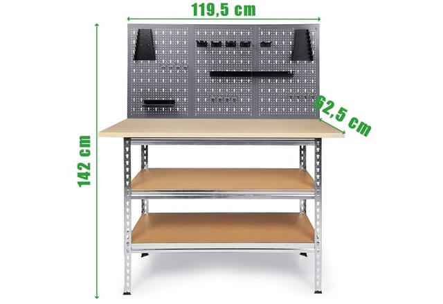 ONDIS24 Werkstatt-Set Werkbank 120x60cm mit 25mm Melaminarbeitsplatte, 2 Ablageflächen, 151cm Höhe, Set mit 3 Lochwänden & 22 Haken für Handwerker