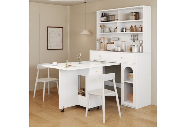 Flieks Küchenbuffet Hochschrank inkl. klappbar & beweglich Esstisch mit Rollen (Set, 2-St., Buffetmaße: 120x45x180 cm, Tischplattemaße: 40/80/120x75x75 cm) Küchenschrank mit Lochwand&Glasschiebetür, Küchentisch mit Schuladen