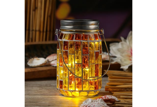 MARELIDA LED Solarleuchte LED Solar Glas Einmachglas mit Mosaik Tischleuchte Lichtsensor gelb, LED Classic, warmweiß (2100K bis 3000K)