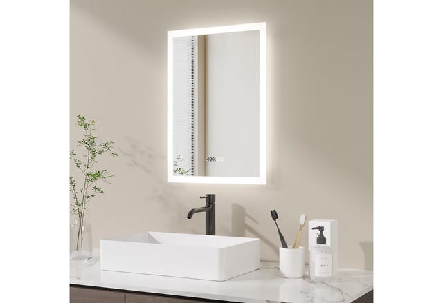 AQUALAVOS Badspiegel LED-Badspiegel 50x70 cm dimmbar Touchsensor Antibeschlag Wandmontage, Mit/ohne Uhr Speicherfunktion Ultraflach Energiesparend Sicher für Bad