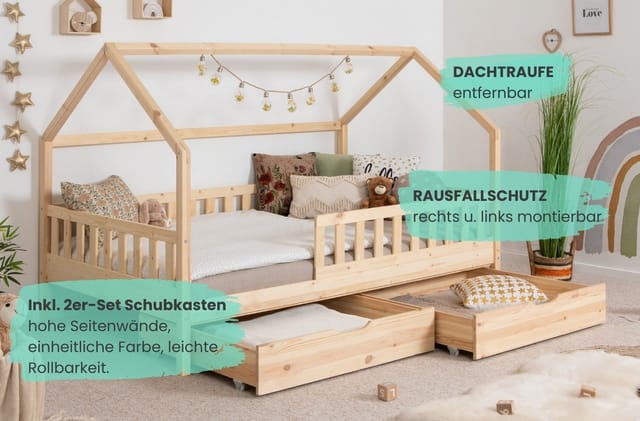 Ticaa Hausbett Duo mit Rausfallschutz und Schubkasten aus Kiefer, Bodenbett 100x200, inkl. abnehmbarem Dach, mit Rollrost