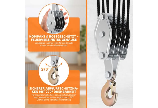 JOYOLEDER Seilzug Flaschenzug Maximale Kapazität: 2000 kg, mit 20 m Seil, Seilzug, (mit Umlenkrolle, Handseilwinde bis 2.5 m Hubhöhe, Handseilzug 8:1)