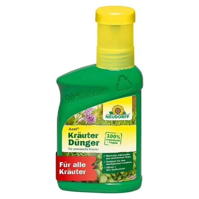 Neudorff Kräuterdünger Bio - Azet KräuterDünger 250ml für 50L Gießwasser, 100 % organisch und vegan - Bio Dünger für schnelles Wachstum und schmackhafte, aromatische Kräuter, mit praktischem Dosierbecher