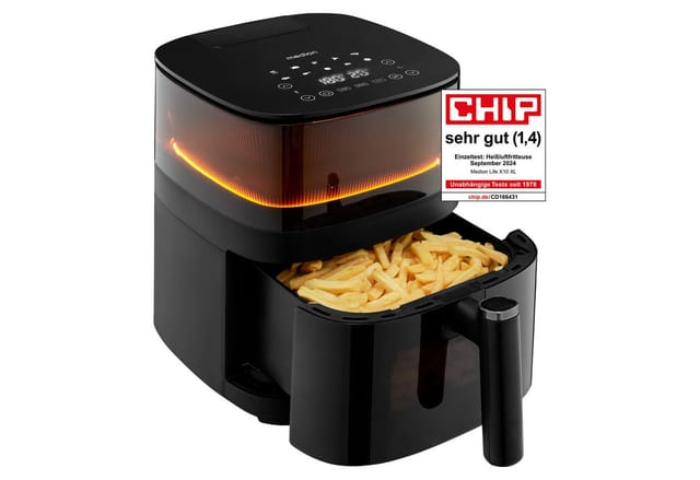 Medion® Heißluftfritteuse MD11780 X10 XL mit Sichtfenster, 1500 W, Temperatur einstellbar 80 - 230 °C, ILAG Beschichtung, Timer