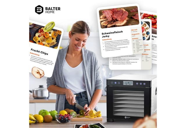 Balter Dörrautomat Edelstahl, Dörrgerät mit 7 Einlegefächern, 600 W, BPA-frei, Dehydrator 600 W, 7 Etagen