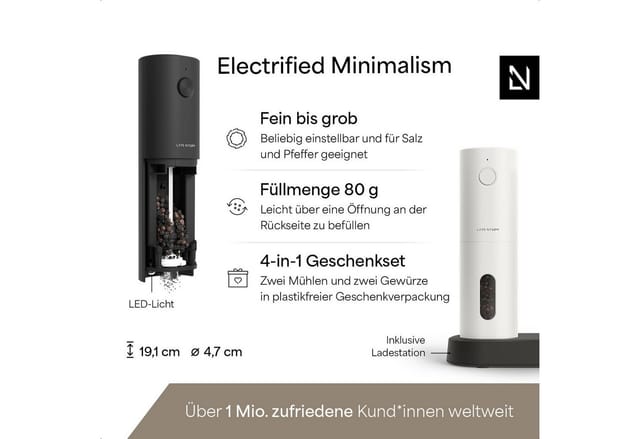LARS NYSØM Gewürzmühle Spænding praktische Einhandbedienung per Drucktaste, (2 Stück), hochweritges Geschenkset mit elektrischen Gewürzmühlen