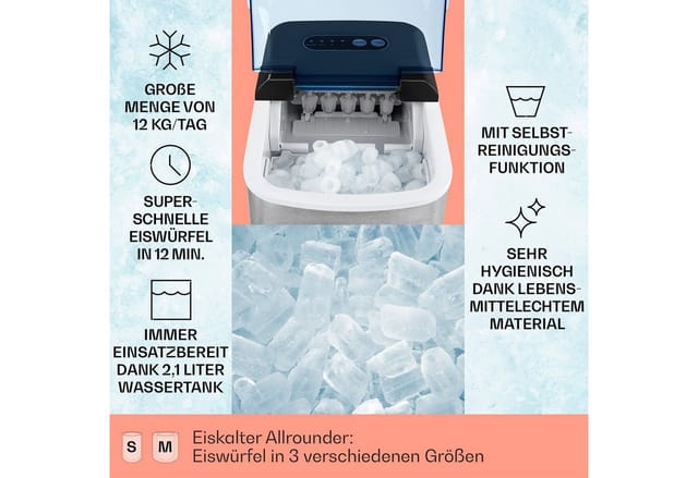 Klarstein Eiswürfelmaschine On-The-Rocks, Eiswürfelbereiter Elektrisch Ice maker 12kg /Tag 2,1 L LED