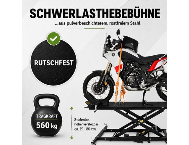 TRUTZHOLM Hydraulikheber Motorradhebebühne hydraulisch 560 kg Breite 60 cm Scherenheber Heber, (1 St), Platzsparend verstaubar, abnehmbare Auffahrrampe, stufenloses Heben