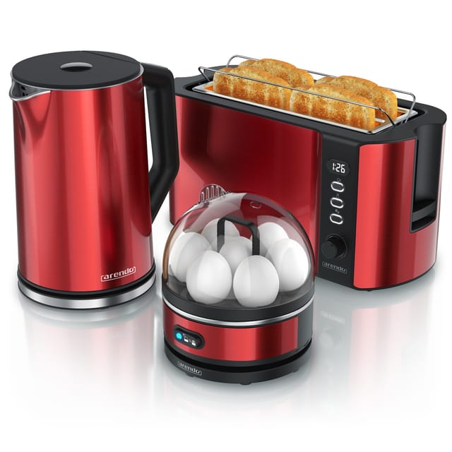 Arendo Frühstücks-Set Edelstahl Wasserkocher 1,5l, Eierkocher 7 Eier, 4-Scheiben Toaster rot (3-tlg), Langschlitz Brötchenaufsatz