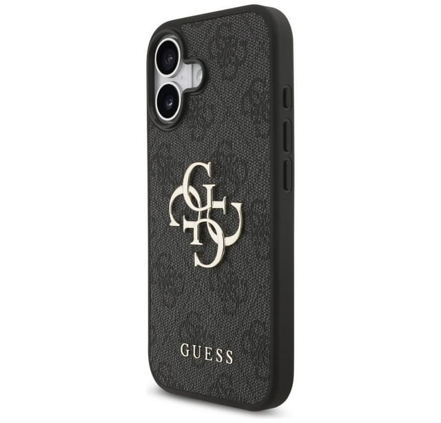 Guess Handyhülle iPhone 17 Kunstleder grau Big Logo Metall goldfarben 6,3 Zoll, Kantenschutz