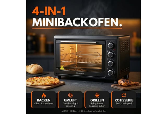 Sommertal Multiofen Sommertal Minibackofen 45L mit Drehspieß & Umluft, 2000W, Hähnchengrill, Backen, Grillen & Pizza, 45 Liter, inkl. 7-tlg Zubehör