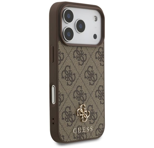 Guess Handyhülle Case iPhone 17 Pro MagSafe Kunstleder braun Logo goldfarben 6,3 Zoll, Kantenschutz