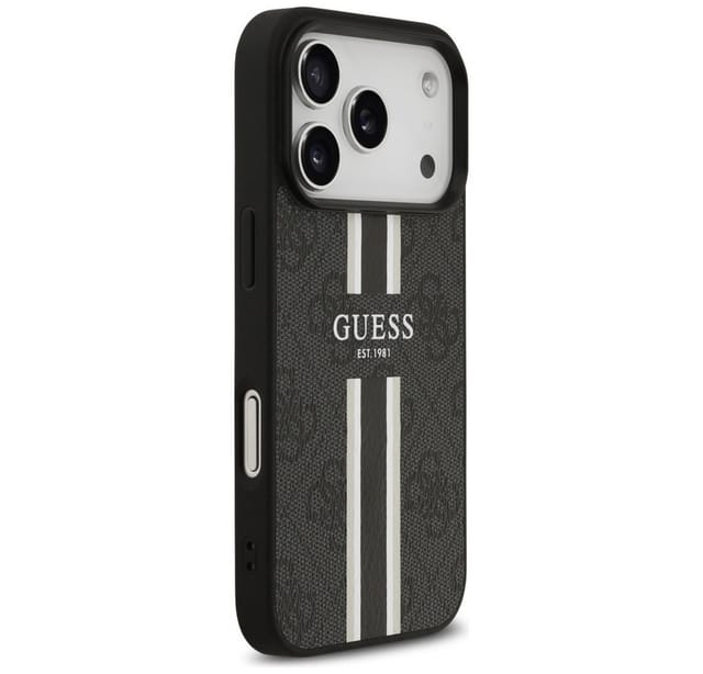 Guess Handyhülle Case iPhone 17 Pro MagSafe Kunstleder grau Logo Streifen 6,3 Zoll, Kantenschutz