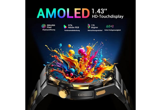 blackview GPS Herren-Smartwatch 2026,1,43" AMOLED, 14K Gold,900mAh Akku,Business Smartwatch (1.43 Zoll) Set, 1-tlg., mit Wechselband aus weichem Silikon und Ladekabel, 15 Tage Akku,Anrufe,HR,SpO2, Blutdruck, LED-Leuchte,2 Armbändern, IP68
