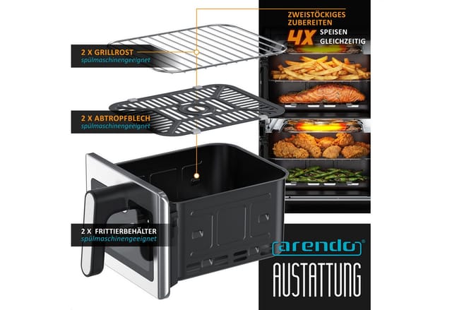 Arendo Heißluftfritteuse XXL Doppelkammer mit 2 Kammern übereinander, Airfryer 11L, Dual Zone, 2200 W, Umluft Backofen mit Zubehör, Edelstahl, fettarmes gesundes Kochen
