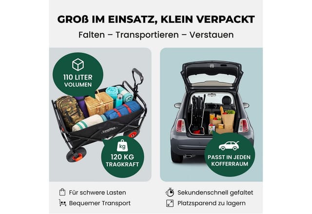 Lemodo Bollerwagen Bollerwagen faltbar, Handwagen mit 120 kg Zuladung und Luftreifen, faltbar