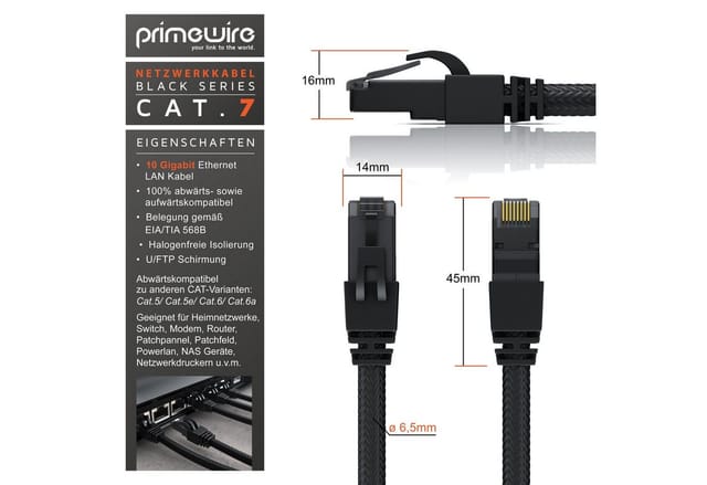 Primewire LAN-Kabel, CAT.7, RJ-45 (Ethernet) (2500 cm), Patchkabel CAT 7, Baumwollummantelung, Gigabit Netzwerkkabel - 25m