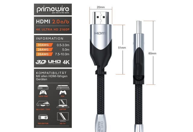 Primewire HDMI-Kabel, 2.0b, HDMI Typ A (750 cm), Ultra HD 4k 60Hz, 18 Gbit/s, 3D, ARC, CEC, HDCP, HDR - 7,5m