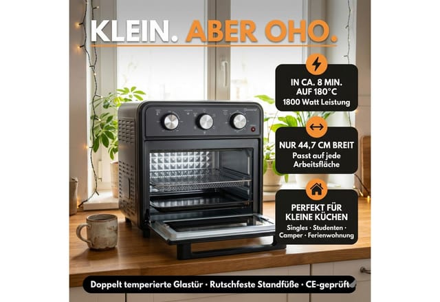 Sommertal Multiofen Sommertal Minibackofen 20 Liter mit Umluft & Heißluftfritteuse, 1800 Watt, Airfryer Funktion, 100–230°C, 60 Min. Timer