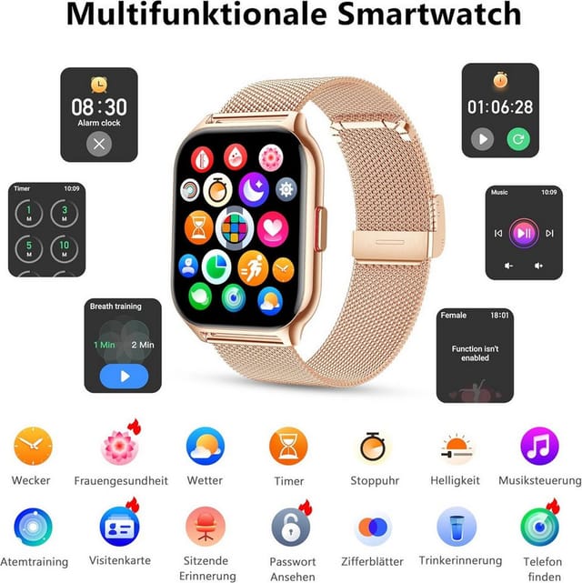 Zevelora Damen's und Herren's Fitness-Tracker Telefonfunktion Smartwatch (5,08 cm/2 Zoll, Android/iOS), mit austauschbarem weichem Silikonarmband, mit Sprachassistent Message Reminder Schlaf-Monitor, 110+ Sportmodi