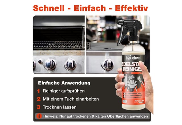 bio-chem Edelstahl-Pflege Edelstahlreiniger (Einzelprodukt, [- Edelstahlreiniger 0.75 l Handsprayflasche Streifenfreier Glanz & Schutzfilm)