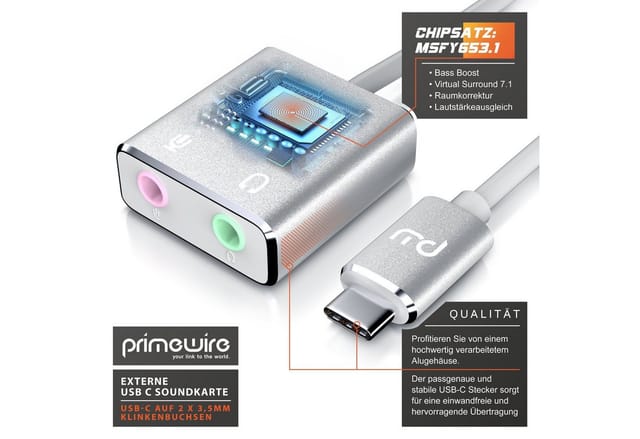 Primewire extern, USB C auf Klinke 3,5mm, Stereo Audio Adapter USB-Soundkarte Virtual 7.1 Surround, Kopfhörer Adapter, DAC, Windows 7/8/10, Mac OS X, Android 6, Linux