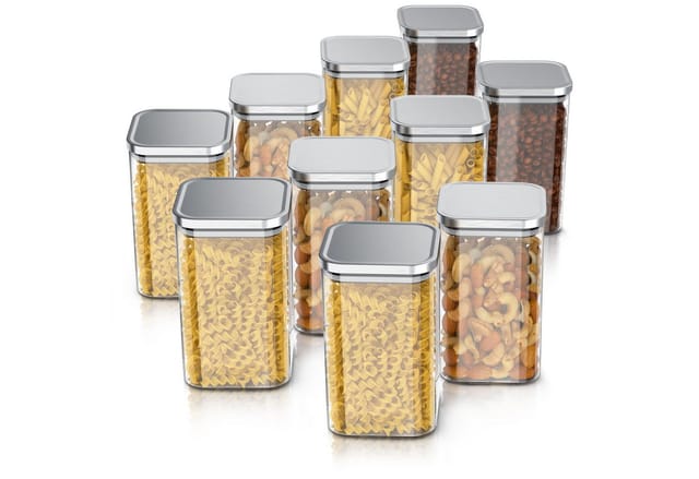 Arendo Aufbewahrungsbecher Glasbehälter-Set 10x 1,65L Borosilikatglas mit Edelstahldeckel, Borosilikatglas, Edelstahl, Silikon, (Vorratsbehälter-Set, 10-tlg., 10er Set), Hitzebeständig, umweltfreundlich, langlebig, mikrowellengeeignet