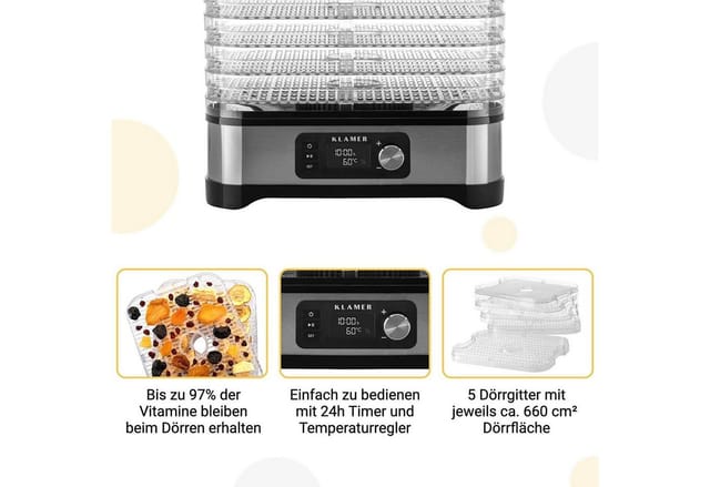 KLAMER Dörrautomat 400W Edelstahl mit 5 Einlegefächern und 24h-Timer, Trockner mit Tempe… 400 W, 5 Etagen, gleichmäßige Trocknung, präzise Temp., Gitter & Deckel BPA-frei