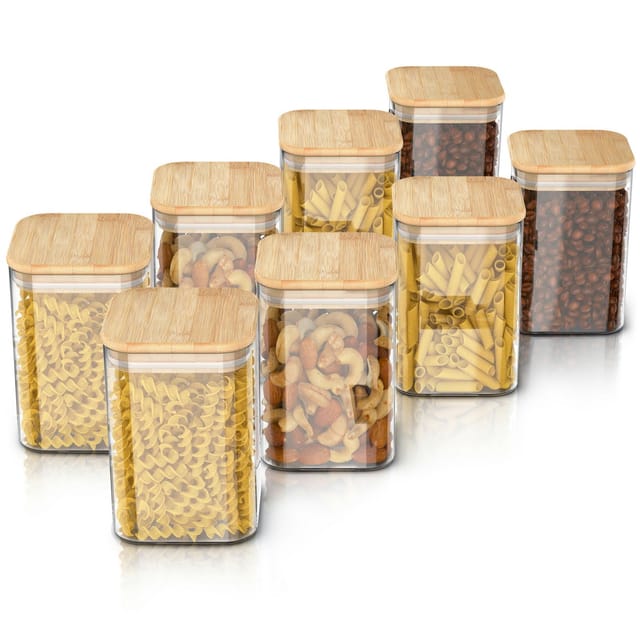 Arendo Aufbewahrungsbecher Glasbehälter-Set 8x 1,65 L Borosilikatglas mit Bambusdeckel, luftdicht, Borosilikatglas, Bambus, Silikon, (Vorratsbehälter-Set, 8-tlg., 8er Set), Hitzebeständig, umweltfreundlich, langlebig, mikrowellengeeignet