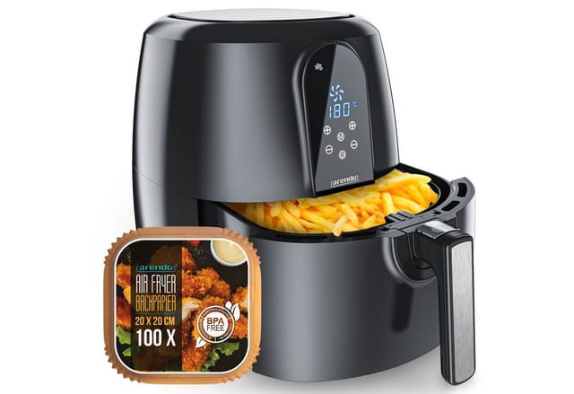 Arendo Heißluftfritteuse XXL Airfryer 5,2 Liter, bis 200 Grad, 3D Umluftsystem, Display, 1800 W, Fritteuse, Heissluftfritteuse, Frittieren ohne Öl, Timer, 7 Programme