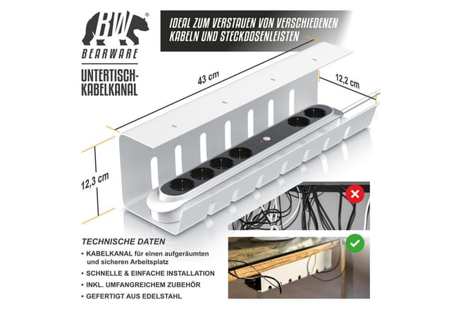 BEARWARE Kabelkanal für Schreibtisch, Untertisch Kabelhalter, Kabelmanagement ohne Bohren (Set), Edelstahl Kabelführung für Zuhause, Büro & Office, Kabelorganisation