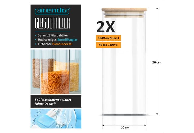 Arendo Aufbewahrungsbecher Glasbehälter 2x 0,78L & 2x 1,57L Borosilikat, Bambusdeckel, luftdicht, Borosilikatglas, Bambus, Silikon, (Vorratsbehälter-Set, 4-tlg., 4er Set), Hitzebeständig, umweltfreundlich, langlebig, mikrowellengeeignet