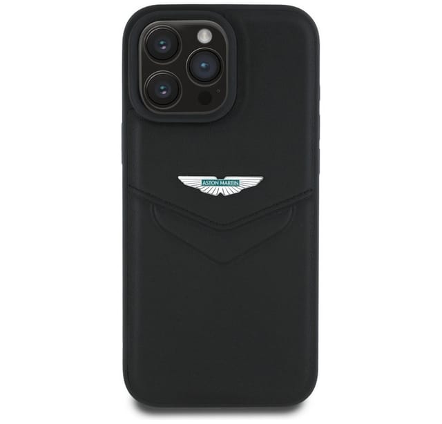 Aston Martin Handyhülle iPhone 16 Pro Echtleder schwarz Logo Metall 6,3 Zoll, Kantenschutz