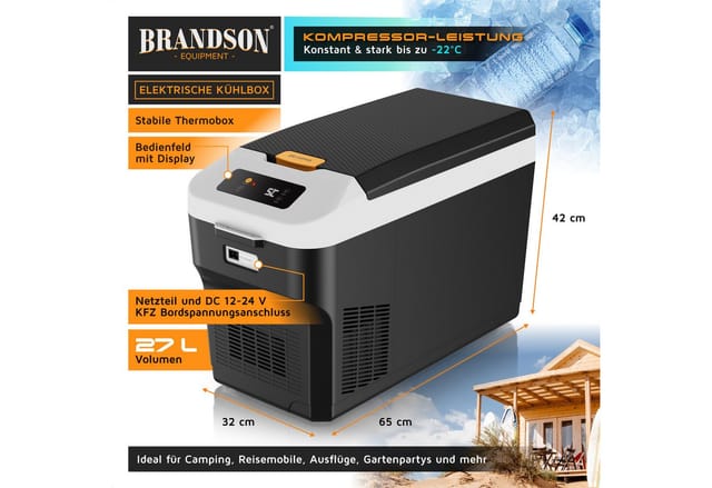 Brandson Elektrische Kühlbox Kompressor Kühlbox, bis – 22°C, ECO Modus, 27 L, für Auto & Haus, 27 l, 12–24 V Auto, 230 V Haus, Batteriewächter, zwei Fächer