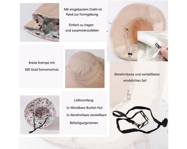 Zaewry Fischerhut Wendbarer Bucket Hat für Damen, UV-Sonnenschutz, Breite Krempe Fischerhut, Sommer-, Strand- & Reisehut