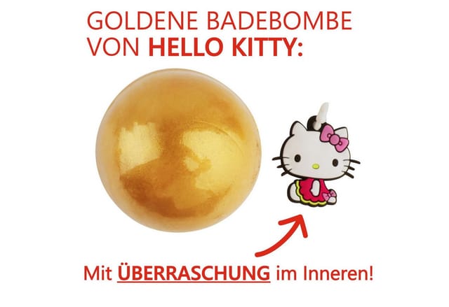 HF Home Flair Badekugel 2x Hello Kitty Badebombe - große Badekugel mit Überraschung, 2-tlg., goldene Badekugel - Pfirsichduft - Vegan - 170g