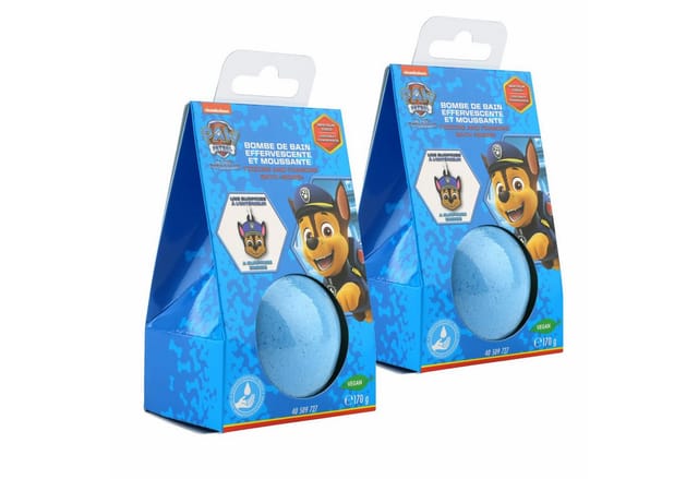 HF Home Flair Badekugel 2x Paw Patrol Badebombe - große Badekugel Chase mit Überraschung, 2-tlg., blaue Badekugel - Kokosduft - Vegan- 170g