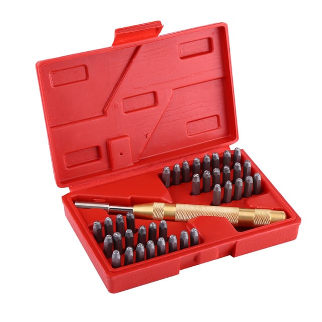 Set Mit 38 Automatischen Metallstempeln Für Buchstaben Und Zahlen, Ideal Zum Markieren Von Leder Und Kunststoff.